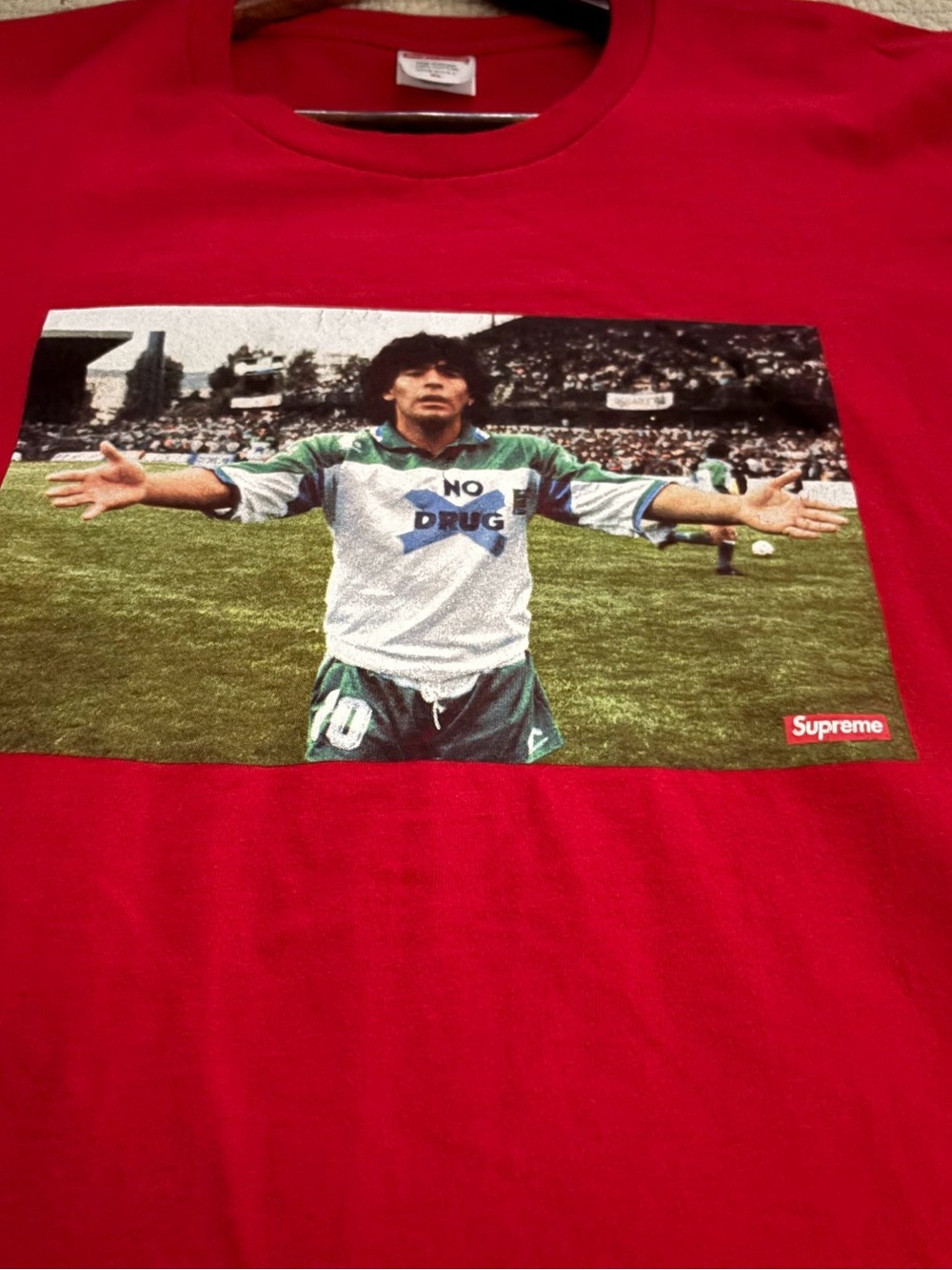 Supreme Red 'No Drugs' Soccer Photo Graphic Tee
